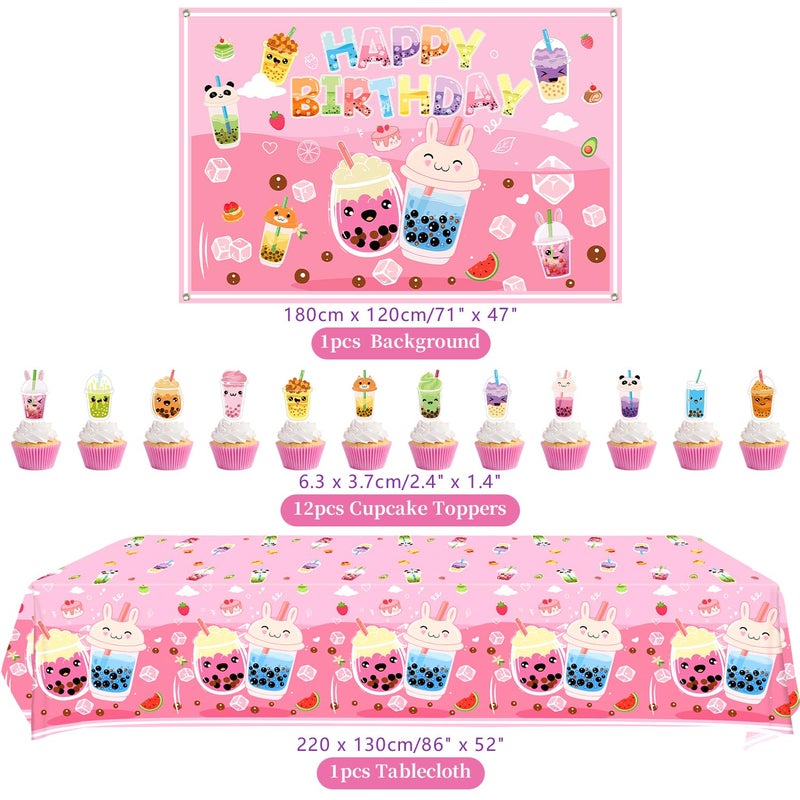 Obussgar Bubble Tea Birthday Decorations - Milk Tea Party Supplies Include Backdrop, Cake Topper, Plates, Cups, Napkins, Balloons, Tablecloth for Girls Birthday Party - Serves 20 - Image 3