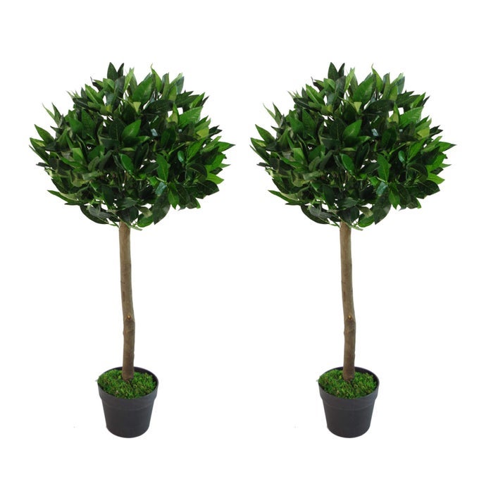 DESIGN UK PAIR OF ARTIFICIAL BAY TOPIARY BALL TREES GREEN 90CM 3FT