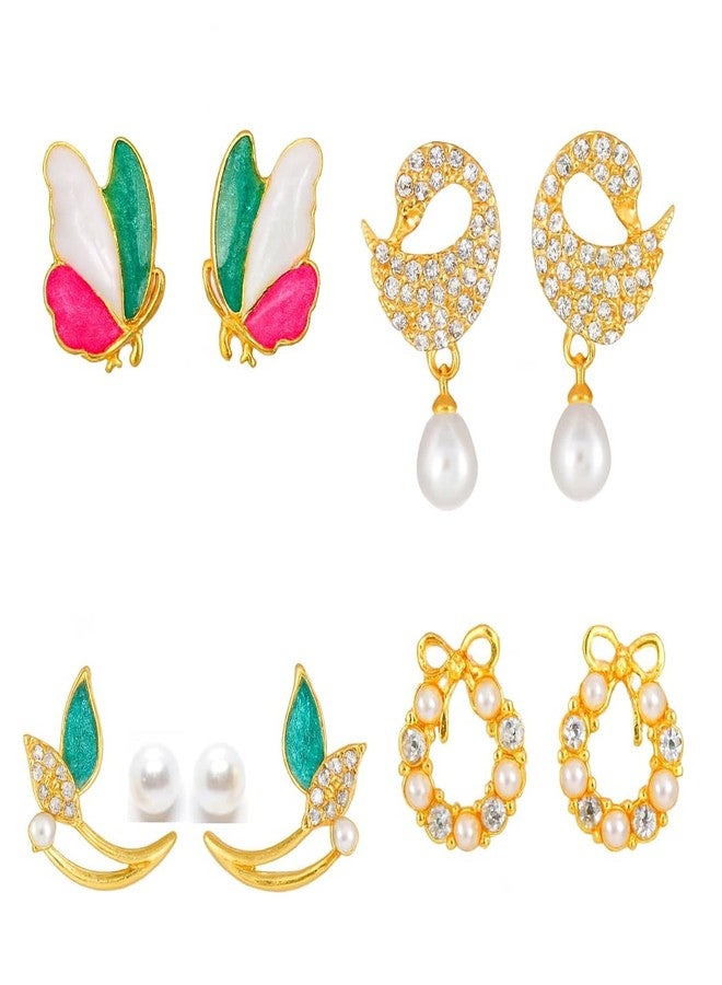 KWORLD Korean Earrings Set For Women Golden Earring Combo of 4 Korean Earrings for Girls Stylish Fancy Pearl | Butterfly | Floral | Bow | Meenakari | Diamond Earrings | Luxury Jewellery | Drops & Danglers - Image 1