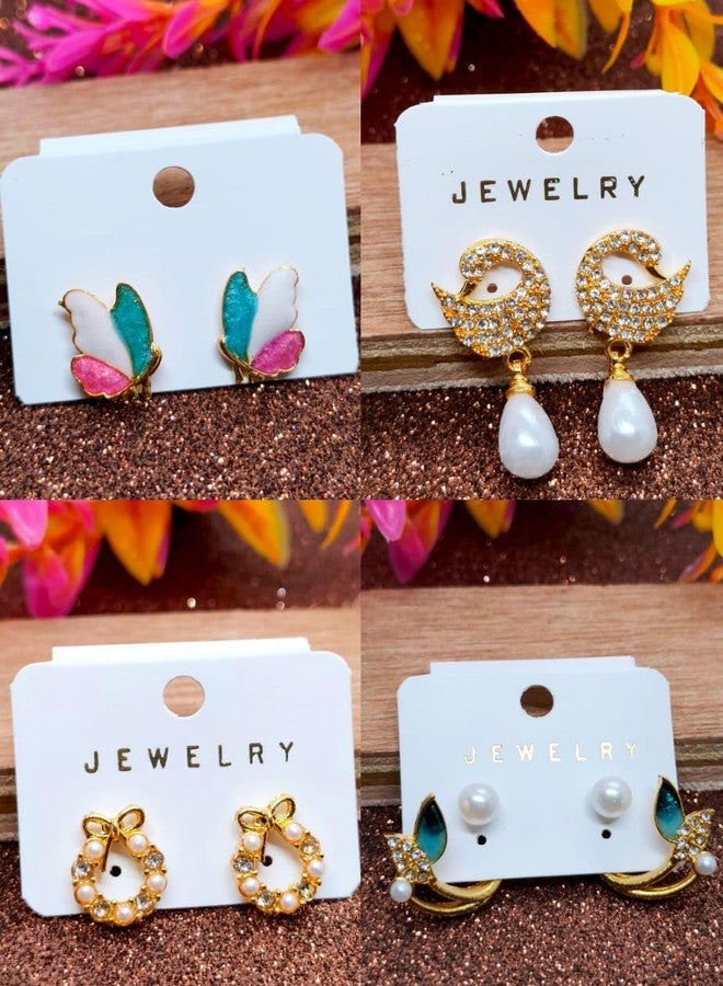 KWORLD Korean Earrings Set For Women Golden Earring Combo of 4 Korean Earrings for Girls Stylish Fancy Pearl | Butterfly | Floral | Bow | Meenakari | Diamond Earrings | Luxury Jewellery | Drops & Danglers - Image 2