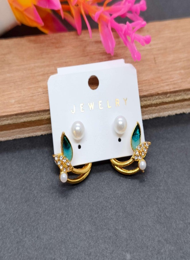 KWORLD Korean Earrings Set For Women Golden Earring Combo of 4 Korean Earrings for Girls Stylish Fancy Pearl | Butterfly | Floral | Bow | Meenakari | Diamond Earrings | Luxury Jewellery | Drops & Danglers - Image 5