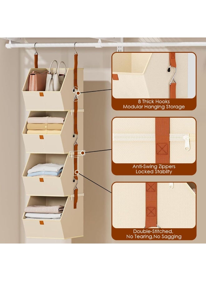 Solerconm Hanging Closet Organizer 4 Tier - Clothes Hanging Shelves, Space-Saving Closet System, Fabric Storage Bins Bedroom Organization, Collapsible Baskets for Home, Dorm, Rv, Beige - Image 3