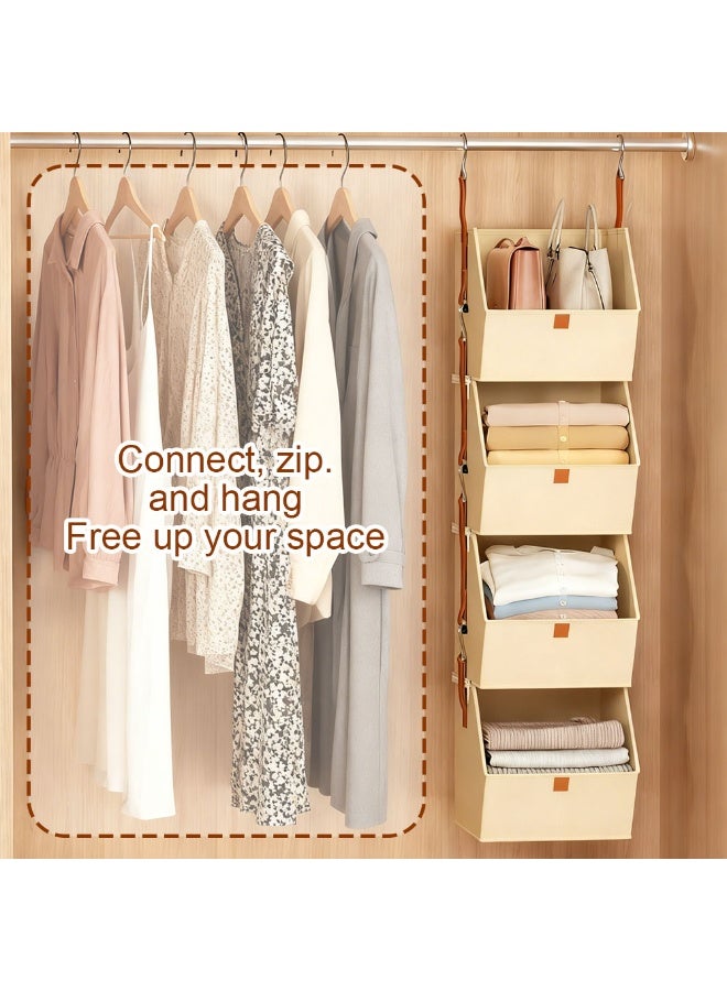 Solerconm Hanging Closet Organizer 4 Tier - Clothes Hanging Shelves, Space-Saving Closet System, Fabric Storage Bins Bedroom Organization, Collapsible Baskets for Home, Dorm, Rv, Beige - Image 4