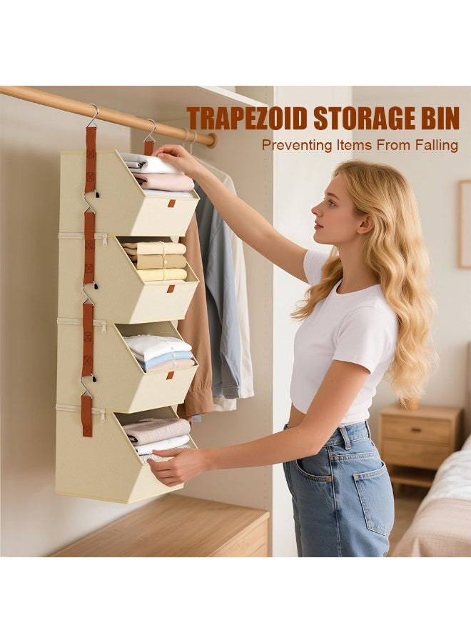 Solerconm Hanging Closet Organizer 4 Tier - Clothes Hanging Shelves, Space-Saving Closet System, Fabric Storage Bins Bedroom Organization, Collapsible Baskets for Home, Dorm, Rv, Beige - Image 5