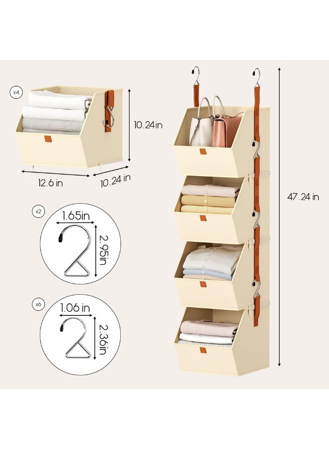 Solerconm Hanging Closet Organizer 4 Tier - Clothes Hanging Shelves, Space-Saving Closet System, Fabric Storage Bins Bedroom Organization, Collapsible Baskets for Home, Dorm, Rv, Beige - Image 2