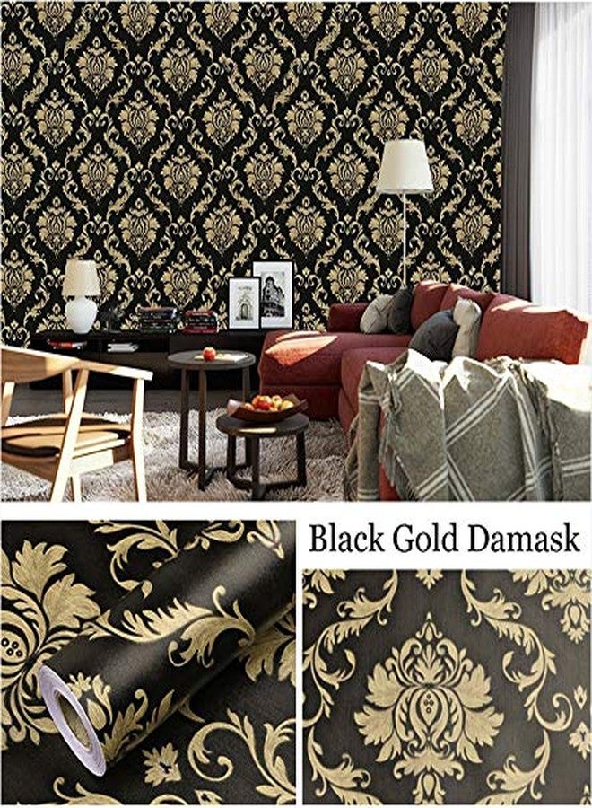 LIFAVOVY Upgrade Thickening Contact Paper Black Gold Damask Wall Paper Self Adhesive Peel and Stick Wallpaper for Kitchen Countertop Cabinet Furniture Bedroom Decor 17.7 Inch x 32.8 FT - Image 2