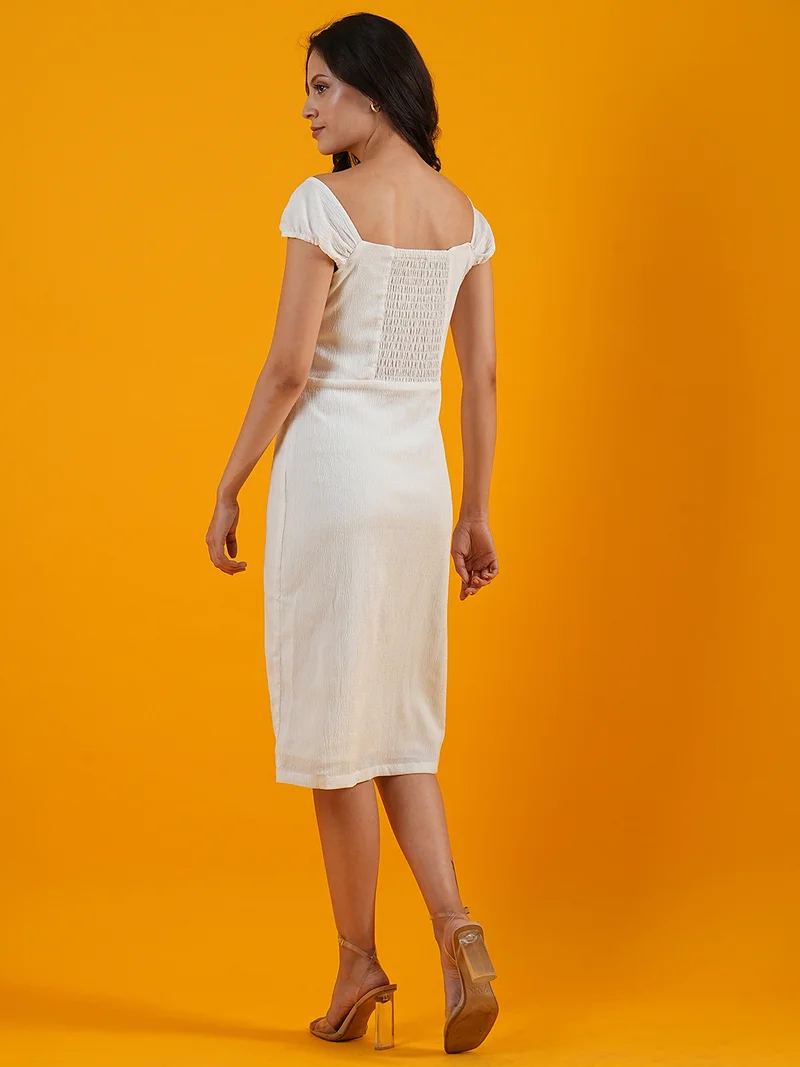 globus Women White Sweetheart Neck Cap Sleeves Front Slit Smocked Back Crepe Sheath Dress