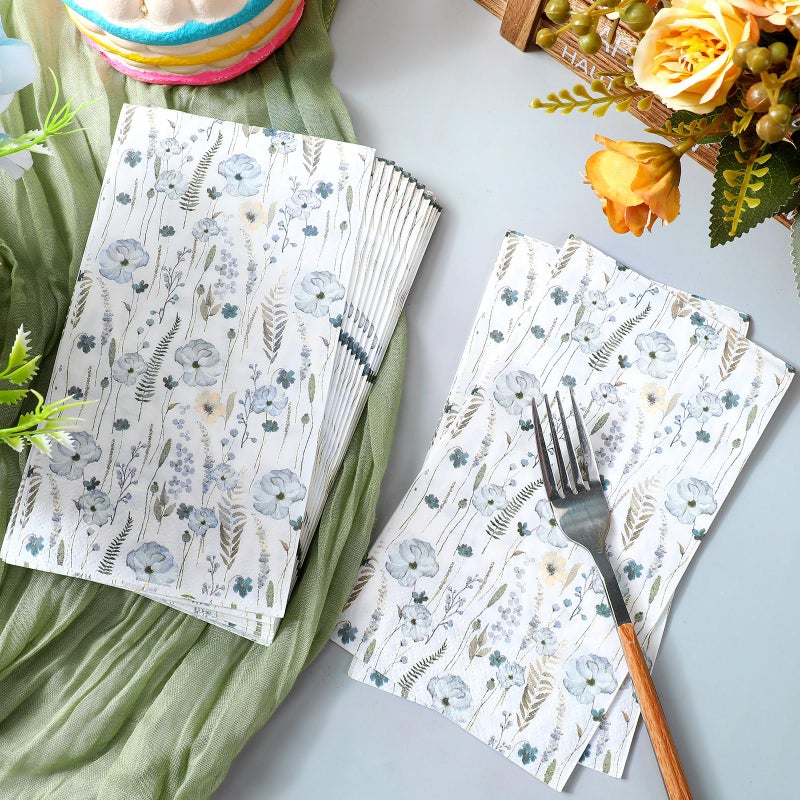 Seajan 200 Pcs Blue Floral Paper Guest Napkins Disposable Hand Towels for Bathroom Paper Disposable Guest Towels Napkins for Spring and Summer Wedding Bathroom Birthday Dinner Party - Image 3