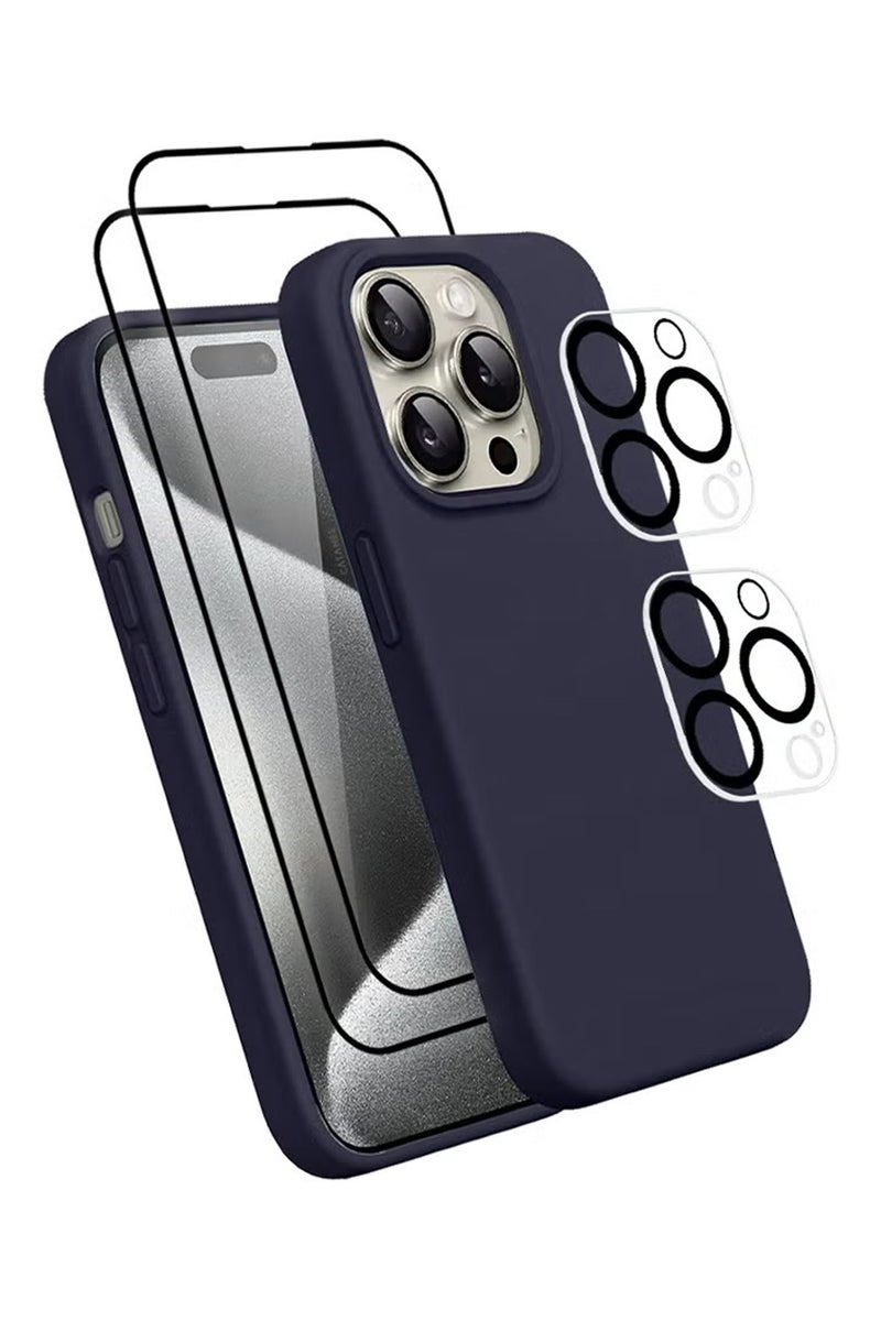 CATANES 5 Packs For iPhone 15 Pro Max Case 2 Screen Protectors and 2 Camera Lens Protectors Upgrade Defender Silicone Cover ShockProof Anti-Scratch Protective Phone Case Blue
