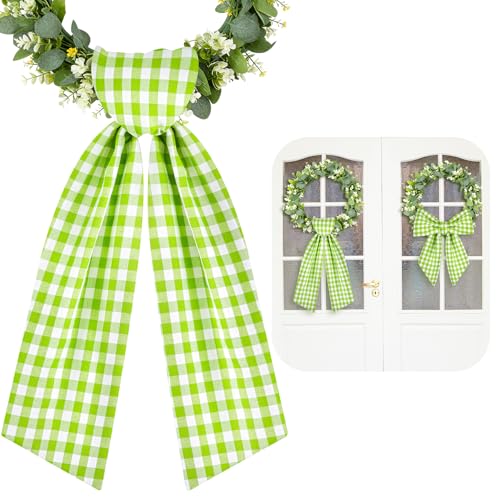 HOMEBROS Spring Wreath Sash, 56 Inch Green and White Plaid Front Door Wreath Sash for Holiday Indoor Outdoor Decorations, 1 Pcs - Image 1