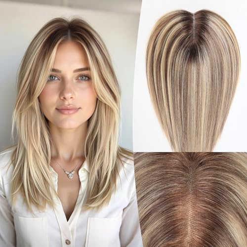 EMMOR 14 Inch Human Hair Topper for Women 5 6 Upgrade Swiss Lace Base with 3 NonSlip Clips 100 Real Hair Toppers for Thinning Hair Natural LookingOmbre Blonde Mixed Brown - Image 1