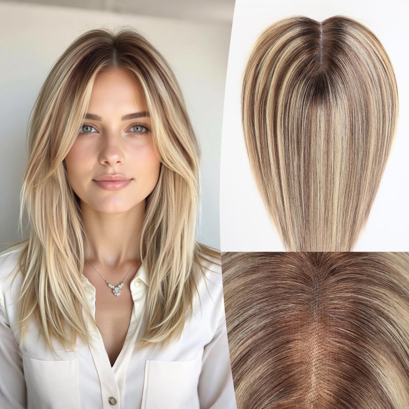 EMMOR 14 Inch Human Hair Topper for Women 5 6 Upgrade Swiss Lace Base with 3 NonSlip Clips 100 Real Hair Toppers for Thinning Hair Natural LookingOmbre Blonde Mixed Brown - Image 2