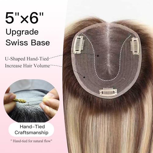 EMMOR 14 Inch Human Hair Topper for Women 5 6 Upgrade Swiss Lace Base with 3 NonSlip Clips 100 Real Hair Toppers for Thinning Hair Natural LookingOmbre Blonde Mixed Brown - Image 3