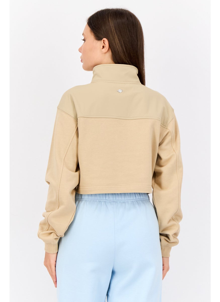 ESPRIT - Women High Neck Solid Long Sleeves Cropped Sweatshirts, Tan - Image 1