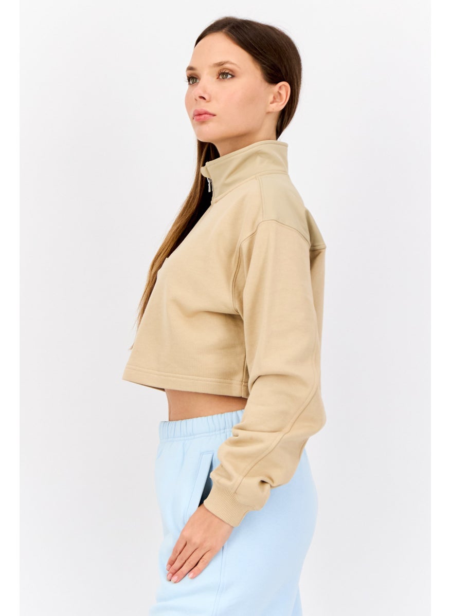 ESPRIT - Women High Neck Solid Long Sleeves Cropped Sweatshirts, Tan - Image 1