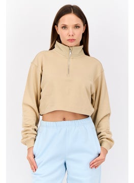 Women High Neck Solid Long Sleeves Cropped Sweatshirts, Tan