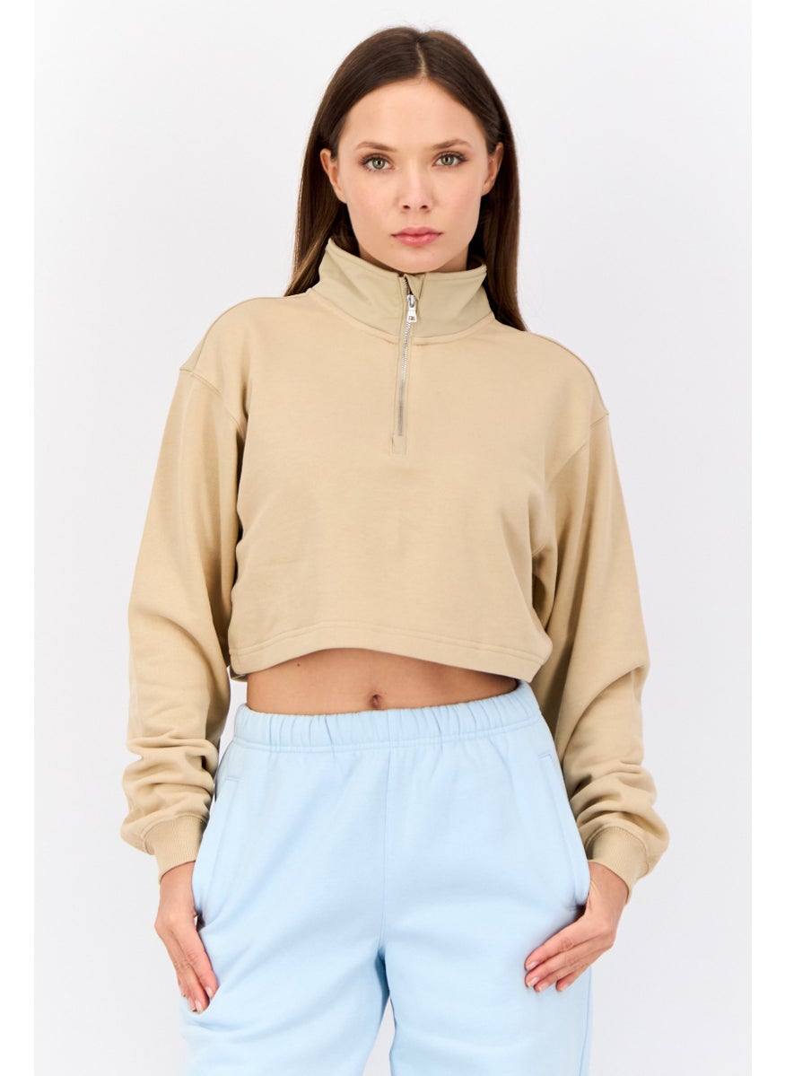 ESPRIT - Women High Neck Solid Long Sleeves Cropped Sweatshirts, Tan - Image 1