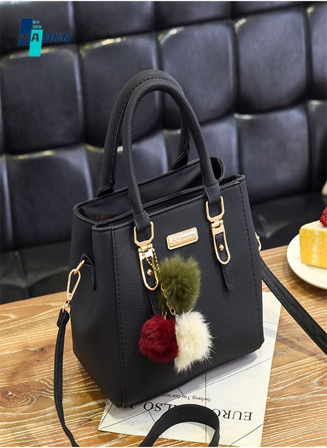 WAOKN - Women's Plush Pendant Handbag , High Quality Pom Pom Shoulder Bag Crossbody Bag for Ladies, Elegant Large Capacity Tote Bag Messenger Bag Crossbody Bag for Office Workers (Black) - Image 1