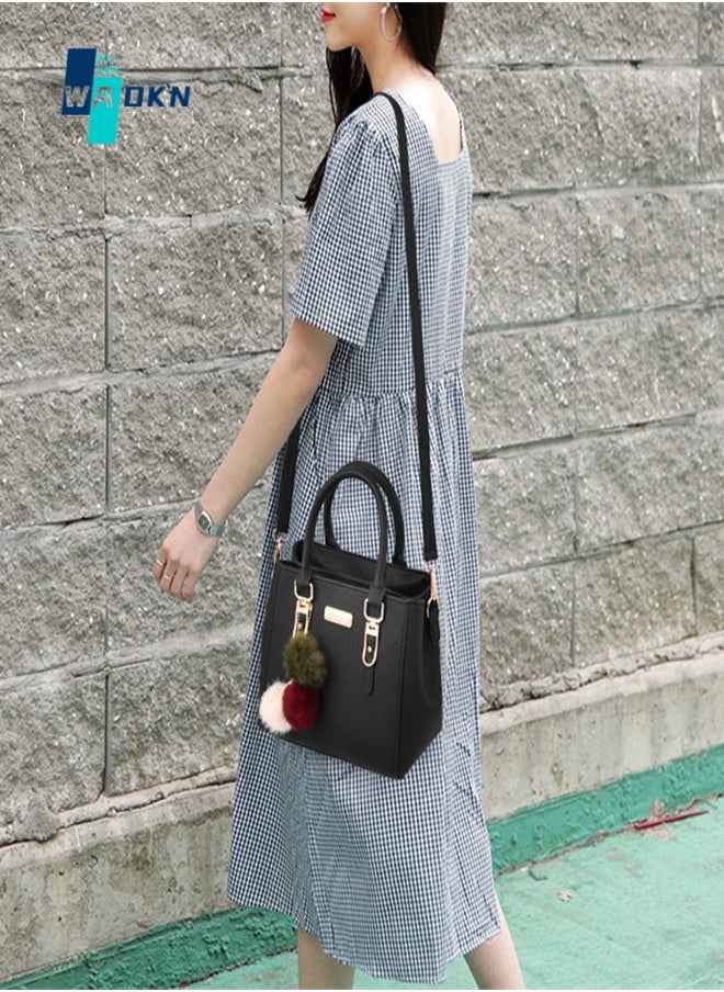 WAOKN - Women's Plush Pendant Handbag , High Quality Pom Pom Shoulder Bag Crossbody Bag for Ladies, Elegant Large Capacity Tote Bag Messenger Bag Crossbody Bag for Office Workers (Black) - Image 1