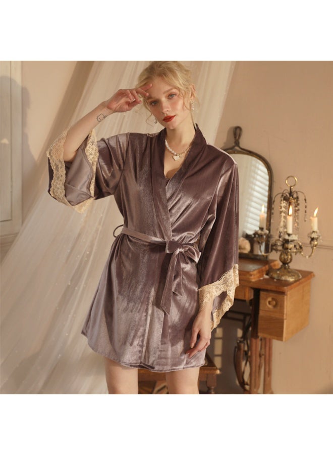 Women's Velvet Lace Slip Nightgown with Robe Set, Sexy Deep V Neck Lingerie Nightwear, Soft Satin Sleepwear with Removable Pads, Romantic Bridal Loungewear for Women
