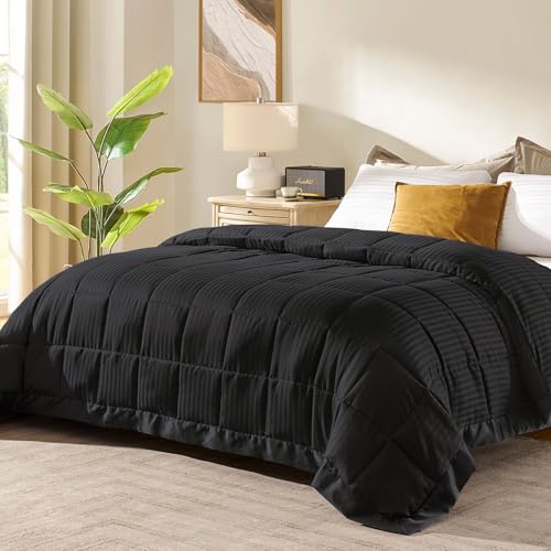 downluxe Queen Size Blanket with Satin Trim Lightweight Down Alternative Blankets Queen Size for All Season Machine Washable Black 90x90 Inch