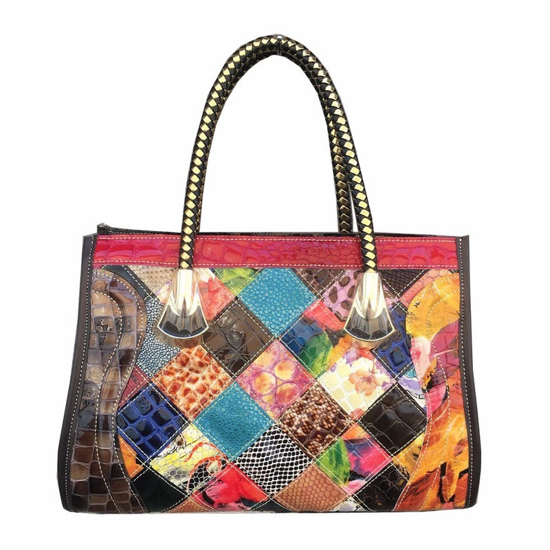 Guangzhou Factory Genuine Leather Women'S Bag Style Colorful Genuine Leather Plaid Bag Spliced Portable Crossbody Bag Women'S Bag - Image 2