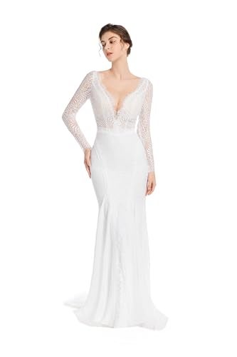 Sorayan Mermaid Wedding Dresses for Bride Classy lace Boho Long Sleeve Open Back Bohemian Wedding Gowns (Large,White) - Image 1