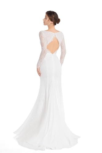 Sorayan Mermaid Wedding Dresses for Bride Classy lace Boho Long Sleeve Open Back Bohemian Wedding Gowns (Large,White) - Image 3