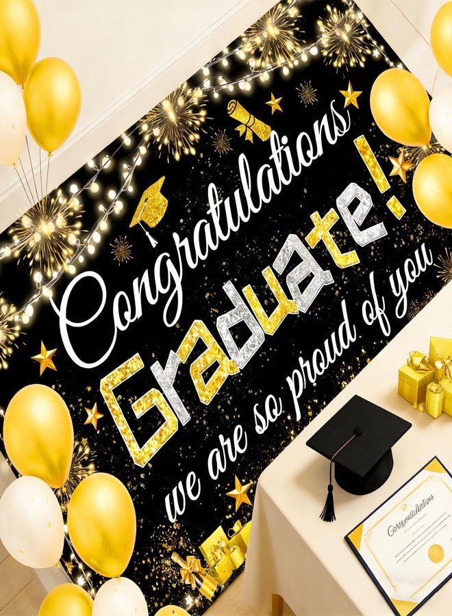 Famoby Congratulations Graduate We are so Proud of You Hanging Banner Fabric Sign Poster Backdrop Balloons Photo Booth Background for Graduation Party Decoration - Image 3