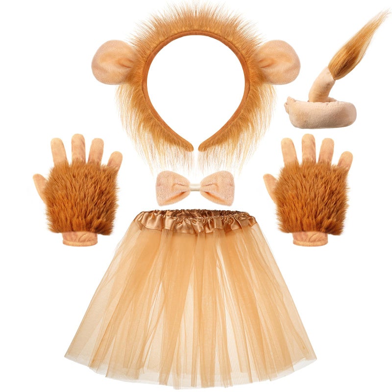 Geyoga Halloween Lion Costume Set Lion Animal Ears Headband Gloves Tail Bow Tie Gold Tutu Skirt Animal Fancy Costume Kit Accessories for Girls - Image 3