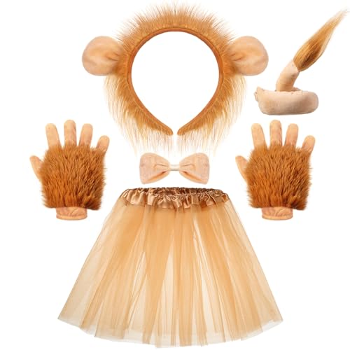Geyoga Halloween Lion Costume Set Lion Animal Ears Headband Gloves Tail Bow Tie Gold Tutu Skirt Animal Fancy Costume Kit Accessories for Girls - Image 1