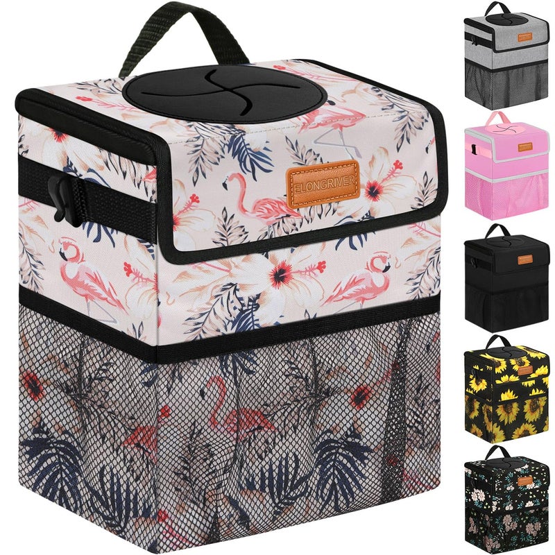 ELONGRIVER Car Trash Can Bin for Back Seat Leak Proof Cute Car Trash Bag Hanging Vehicle Trash Can for SUV Truck Van Automotive Garbage Cans Front Seat Flamingos 2 Gallons