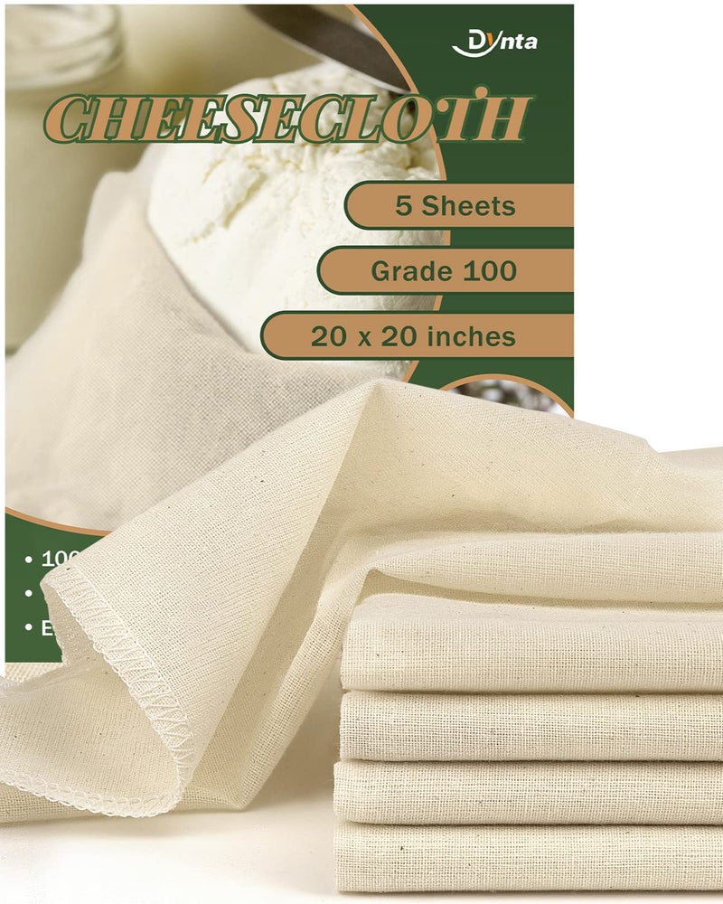 Cheesecloth for Straining Grade 100 5 Pieces Reusable Hemmed Cheesecloth 20 x 20 Inches 100 Unbleached Cotton Cheese Cloths for Straining Filtering Canning Covering Polishing and Decoration