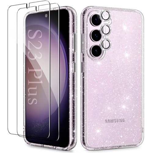 KIOMY Glitter Clear Case for Samsung Galaxy S23 Plus 5G with Diamond Sparkle Camera Lens Protector + 2 Pack Tempered Glass Screen Protector, Sparkly Shockproof Protective Girl Cover (for Samsung S23+) - Image 1