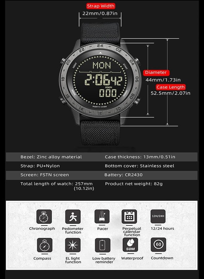 NORTH EDGE Men's Digital Wristwatch, Sports Wristwatch with Date Chronograph Compass, 164FT Waterproof Casual Watch with EL Backlighting Pedometer, Silicone-PU Strap - Image 4