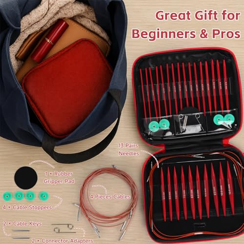 Reessy Interchangeable Circular Knitting Needles Set, 13 Pairs (26pcs) Matte Red Aluminum Knitting Needles Kit, Sizes 3.0mm–10.0mm, Knitting Needle Case & Accessories for Knitting Beginners & Advanced - Image 3