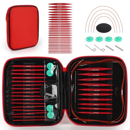 Reessy Interchangeable Circular Knitting Needles Set, 13 Pairs (26pcs) Matte Red Aluminum Knitting Needles Kit, Sizes 3.0mm–10.0mm, Knitting Needle Case & Accessories for Knitting Beginners & Advanced - Image 1