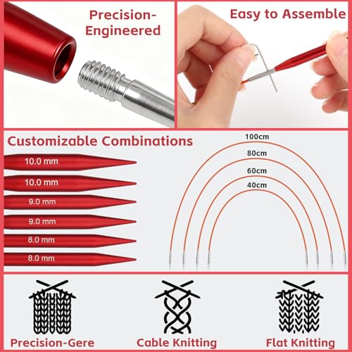 Reessy Interchangeable Circular Knitting Needles Set, 13 Pairs (26pcs) Matte Red Aluminum Knitting Needles Kit, Sizes 3.0mm–10.0mm, Knitting Needle Case & Accessories for Knitting Beginners & Advanced - Image 2