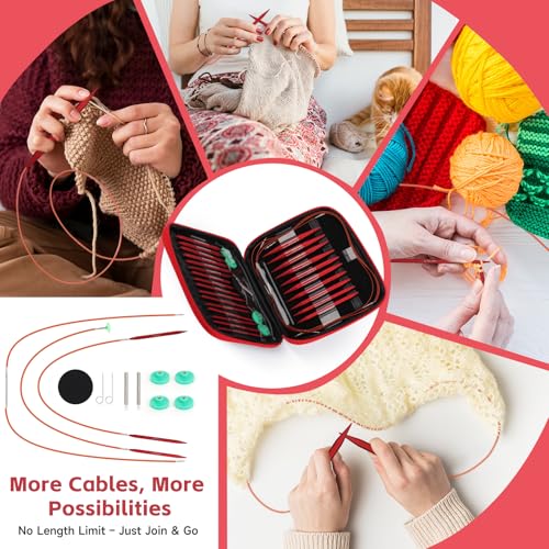 Reessy Interchangeable Circular Knitting Needles Set, 13 Pairs (26pcs) Matte Red Aluminum Knitting Needles Kit, Sizes 3.0mm–10.0mm, Knitting Needle Case & Accessories for Knitting Beginners & Advanced - Image 5
