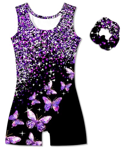 Vogseek 11-12 Years Girls Gymnastics Leotards with Hair Scrunchie Sparkle Dance Unitards Purple Butterfly's Glitter Active Biketards with Shorts for Kid Cute Tumbling Dance Outfit, Black - Image 2