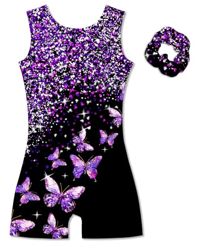 Vogseek 11-12 Years Girls Gymnastics Leotards with Hair Scrunchie Sparkle Dance Unitards Purple Butterfly's Glitter Active Biketards with Shorts for Kid Cute Tumbling Dance Outfit, Black - Image 1