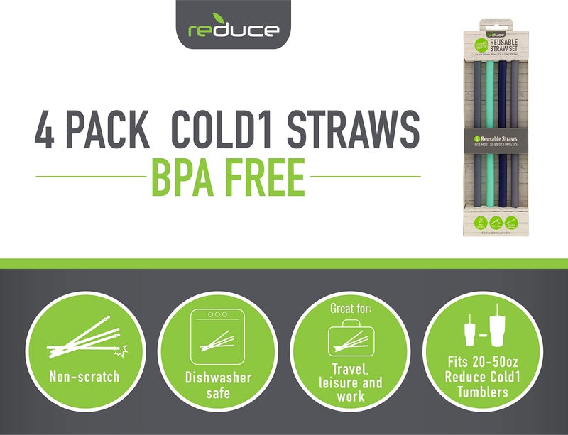 Reduce Silicone Plastic Straws, 4 Pack – Flexible Reduce Replacement Straws Fit 20-50 oz Tumbler Mugs, Cut to Size – BPA-Free and Dishwasher Safe – Ideal Plastic Straws for Kids Smoothies - Image 2
