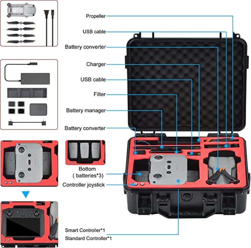 Careflection Waterproof Hard Carrying Abs Double Layer Case-Can Hold Tablets,Landing Pad,Tablet Holder and Other DJI Accessories for DJI Mavic Air 2 / Air 2S (Abs), Black - Image 3