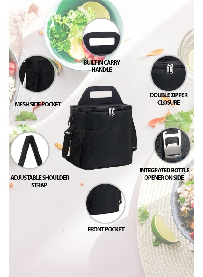 توشيونيكس حقيبة غداء معزولة – مقاومة للتسرب وصديقة للبيئة – مصنوعة من قماش أوكسفورد الحراري – سعة 8.5 لتر – مدمجة ومتينة – مزودة بحزام كتف ومقبض – متعددة الجيوب للتنقل والعمل والمدرسة – فتاحة زجاجات مرفقة – ألوان: أسود، رمادي، أزرق - Image 5