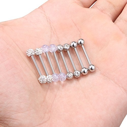 Ruifan 14G 9/16Inch Crystal Ball Nipple Tongue Shield Ring Barbell Body Piercing Jewelry Retainer 8PCS - Silver - Image 2