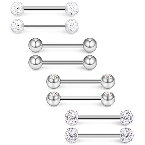 Ruifan 14G 9/16Inch Crystal Ball Nipple Tongue Shield Ring Barbell Body Piercing Jewelry Retainer 8PCS - Silver - Image 5