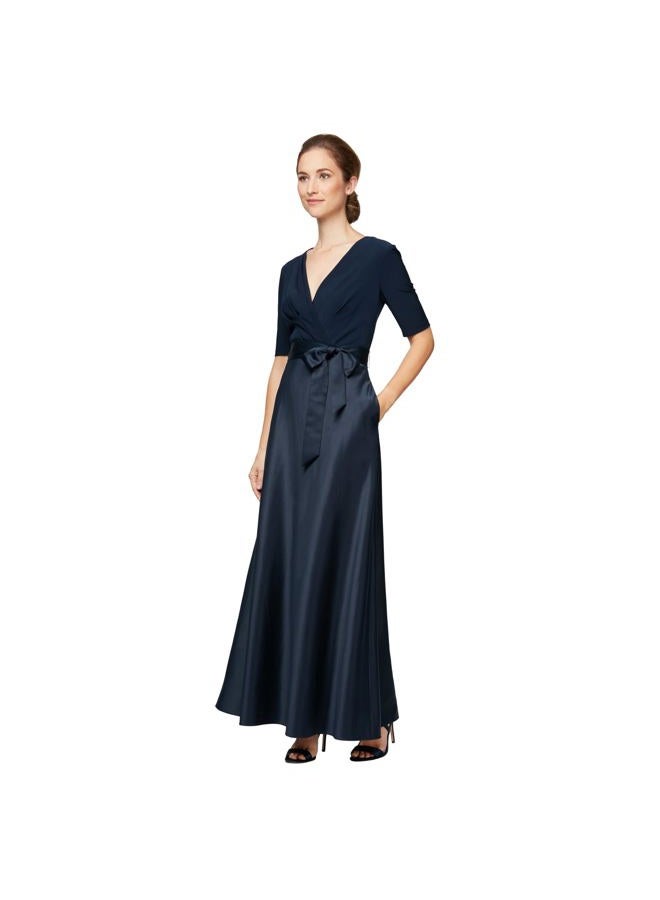 Alex Evenings Women's Satin Ballgown Dress with Sleeve (Petite and Regular Sizes), Navy Satin, 16 Petite - Image 1