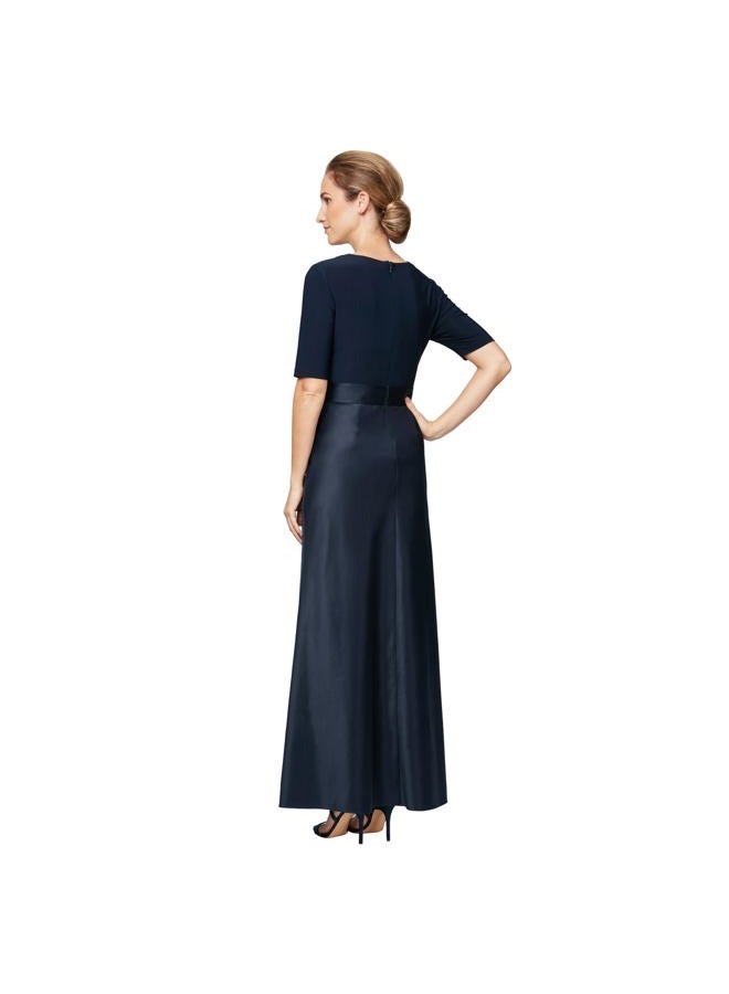 Alex Evenings Women's Satin Ballgown Dress with Sleeve (Petite and Regular Sizes), Navy Satin, 16 Petite - Image 2