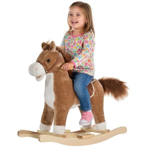 Qaba Rocking Horse Plush Animal on Wooden Rockers Baby Rocking Chair with Sounds Moving Mouth Wagging Tail Brown - Image 1