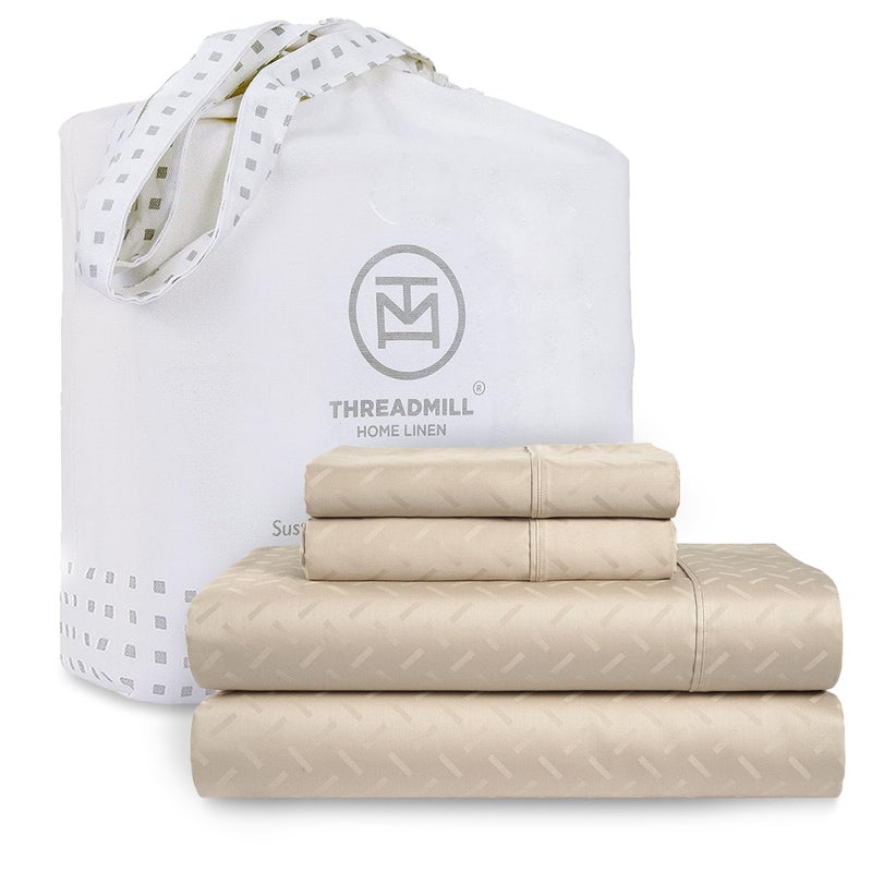 Threadmill Cotton Full Size Sheet Set 100 Cotton Sheets for Full Size Bed Damask Jacquard Full Bed Sheets Set with 16 Deep Pocket Soft Sateen Weave 4Piece Cooling Bedding Set Beige
